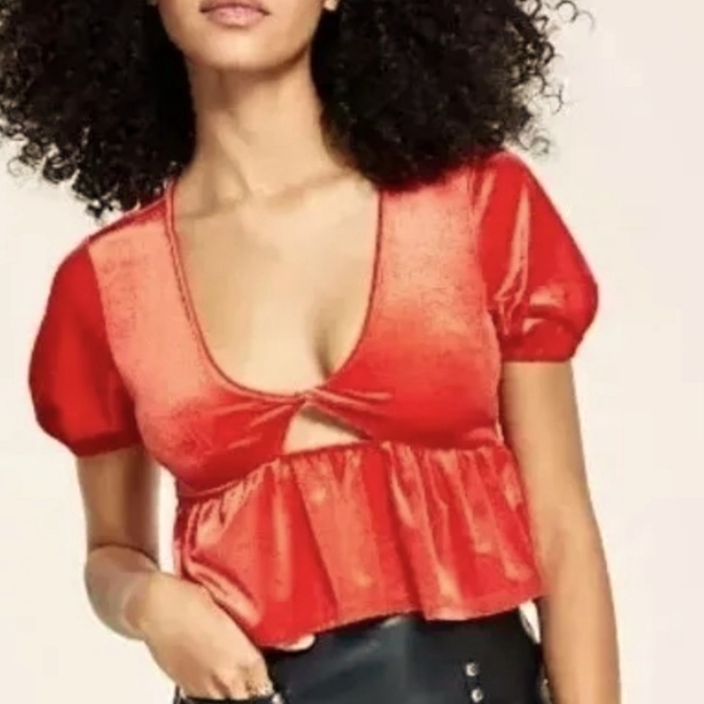 Bar III Fiery Red-Orange Velour Twist Front Top (S)